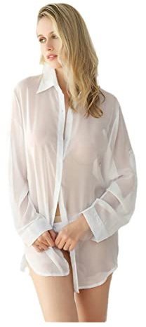 Chemisier de style décontracté Youllyuu pour femme - Blouse en dentelle blanche à boutons, chemise transparente en mousseline, hauts et tee-shirts pour la nuit, blanc, M