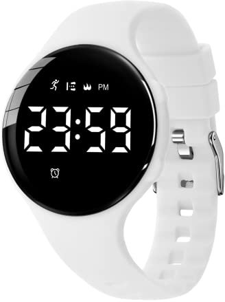 Reloj de pulsera digital con podómetro, vibración, alarma, distancia, cronómetro y ejercicio, resistente al agua, recargable, para actividades al aire libre, para niños y niños, 35-blanco-A, Correa: