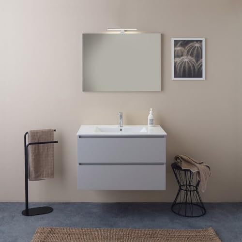 Kiamami Valentina - Armoire de Toilette Suspendue 80cm 2 tiroirs forêt Blanc, lavabo et Miroir 80x60 Barcelone