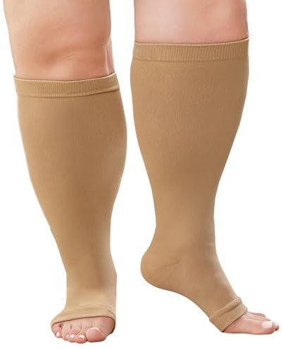 ZFSOCK Calze a Compressione Graduata Uomo Donna: Calzini Contenitivi Taglie Forti Obesi Polpaccio Punta Aperta Oversize Gambaletti 20-30mmHg per Vene Varicose Circolazione Gravidanza Beige XXL 1 Paia