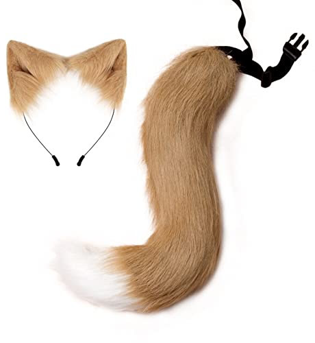 Lfzhjzc Tierfuchsohren-Stirnband und -Schwanz, Wolfsohren-Schwanz-Set, Kostüm Anime Cosplay, Big Furry Fox Tail-Kostüm, für Halloween-Party-Kostümzubehör(C)