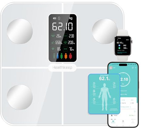 Bilancia per grasso corporeo, bilancia digitale con grasso corporeo e massa muscolare, per 15 dati corporei, misurazione della frequenza cardiaca, per Apple Health & Samsung Health