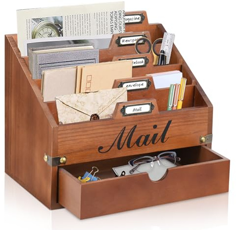 VOOTTOU Post-Organizer aus Holz, Schreibtisch-Organizer mit 4 Fächern und Schublade, Briefhalter, Wandhalterung, Schreibtischzubehör und Arbeitsplatz-Organizer, Aktenpapierhalter