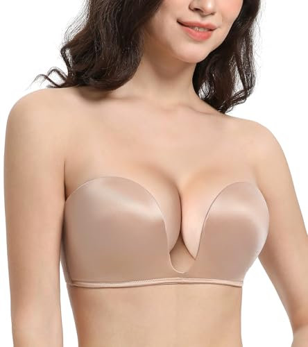 Lemorosy Women's Plunge Strapless Bra Deep U Push Up Everyday Underwire (Beige 38D)