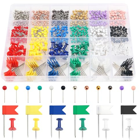 YIXISI 720 ST 24 Typer Kartstift, Plasthuvudstift, Färgglada Kartnålar, Flerfärgade Trycknålar, Dekorativa Ritnålar, Push Pins Flagga Pins, för Skola, Kontor, Familj, Intresse, Anslagstavla i Kork