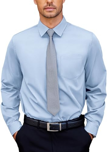 COOFANDY Mens Shirts Long Sleeve Casual Shirts Non Iron Dress Shirt Stretch Business Formal Wedding Shirt Light Blue L