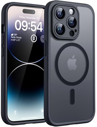 TOCOL Skal för iPhone 14 Pro Max, Kameraskydd, Integrerad Magnetring, Kompatibel med Magsafe, Fallskydd, Genomskinlig Matt Baksida, Svart Titan | Inbyggda magneter, fullständigt kamera- och militärklassskydd, halkskydd stötsäkert genomskinligt matt baksida telefonskydd