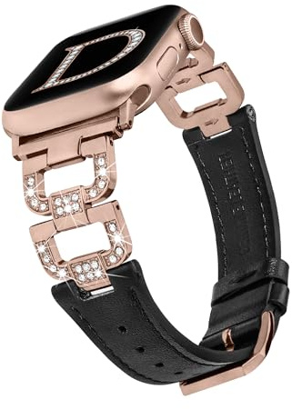 Wearlizer Leather Strap Compatible with Apple Watch Straps 41/40/38/42mm Women, Dressy Fancy Bling D-Shape Diamond Leather Strap for iWatch Series 11/10/9/8/7/6/5/4/3/2/1/SE, Black/Rose Pink M