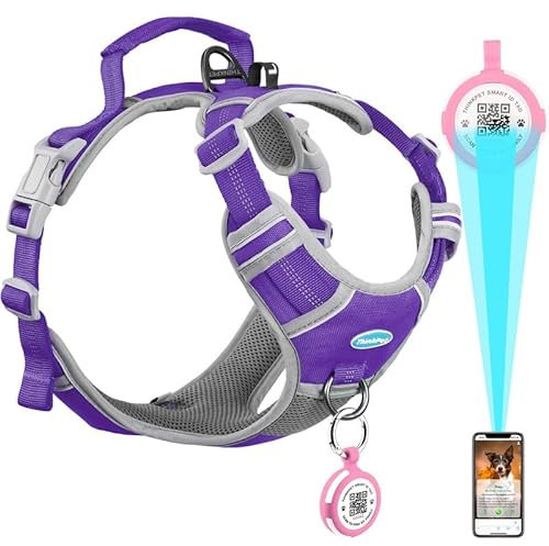 ThinkPet Hundegeschirr, gegen Ziehen, mit Airtag-Halter, reflektierenden Trägern, verstellbare Passform, Notfallgriff, QR-Code-ID-Tag, geeignet für extra große Hunde, Violett, Größe XL