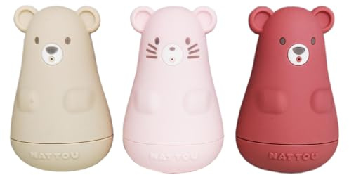 Nattou Sprutfigurer av silikon, 3 badleksaker för badkaret, BPA-fri, silikon, rosa/beige/röd