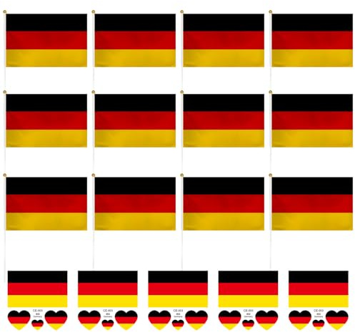 Lot de 12 drapeaux allemands pivotants à la main - 5 autocollants pour le visage - Drapeaux allemands - Drapeaux allemands - Drapeaux de fans allemands - Drapeaux à pivoter à la main - Pour fête de