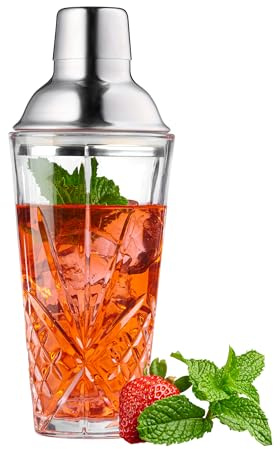 Glass Cocktail Shaker, Martini Shaker with Stainless Steel Lid & Strainer, Bartender Professional Bar Mixing Glass Pitcher Tool Set for Stirring Cocktails, Margarita, Whiskey, Alcohol Drinks, 16oz.