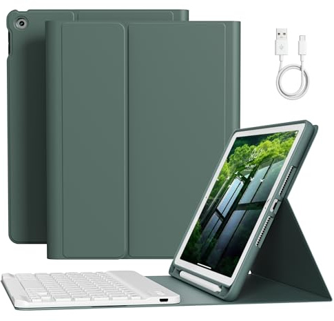 GKABXY Case With Keyboard for iPad 9th/8th/7th Generation 10.2 inch 2021/2020/2019,Soft TPU Back Cover with Pencil Holder, Magnetically Detachable Wireless Bluetooth Keyboard for iPad 9/8/7,Dark Green