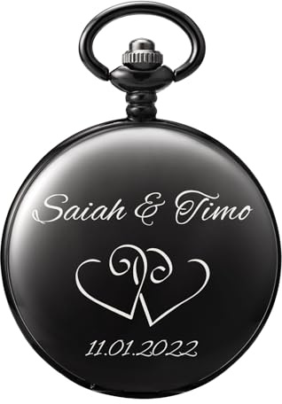 TREEWETO Taschenuhr mit Gravur zur Hochzeit, Motiv Herzen, Personalisiert mit Namen und Datum, Hochzeitsgeschenke für Brautpaar, Geschenkidee Jahrestag