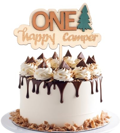First Birthday Cake Topper, Wooden One Cupcake Topper 1st Birthday Party Decoration Cake Number Photo Props Happy Camper Party Decor for Baby Shower Anniversary