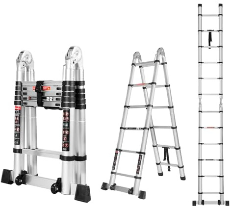 Wolec 12.5 FT A Frame Telescoping Ladder, Extension Multi-Purpose w/Balance Bar & Wheels, Ladder A Frame, Heavy Duty 330 lbs Max Capacity, Ideal for Home and Outdoor Work, Silver