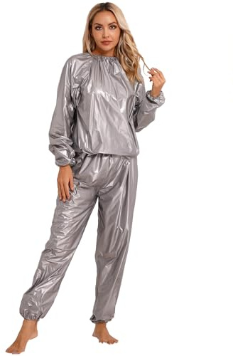 Eandarui Svettdräkt dam, bastudräkt för viktminskning, långärmad bastutröja, topp, stretch, svettbyxor, långa leggings, fitness, GRÅ, L