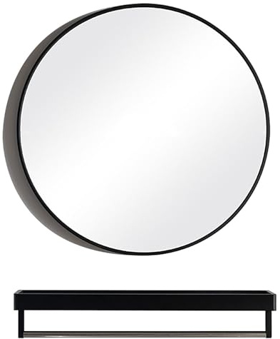 LIUJHGH Runder Spiegel, Kreisförmiger Spiegel mit Metallrahmen, Wandspiegel mit Ablage für Flur, Badezimmer, Schminktisch, Wohnzimmer, Kreisförmiger Spiegel(Schwarz,70cm/28in)
