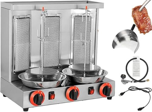 HYQNG Macchina per Shawarma Verticale Commerciale, Macchina per Shawarma a Gas Rotante Automatica Polli da Carne Verticali a propano con 3 Bruciatori, Forno per Kebab in Acciaio Inossidabile Silver
