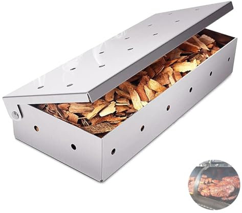 Wjelet Caja de ahumado para barbacoa de gas, virutas de madera resistentes, caja ahumadora para añadir sabor ahumado a carne y pescado, accesorio perfecto para parrillas de gas, eléctricas o de