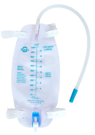 10 x 1000 ml Easy-Tap-Katheter-Beinbeutel mit 45,7 cm Schlauch, Anti-Reflux-Ventil, verstellbare Stoffriemen, Klappablauf, steril, latexfreier Harnablaufbeutel
