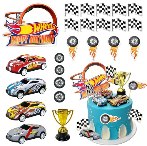 Lukinuo Rennen Auto Geburtstagskuchen Dekoration 24PCS Rennauto Kuchen Toppers Karierte Flagge Auto Kuchen Cupcake Dekorationen für für Mann Boy Kid Racing Auto Thema Geburtstagsbedarf Party Favors