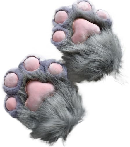 1 par plysch päls tassar i mitten, fursuit paws, katt paw gloves, furry Paw Cat Paw Handskar plysch Furry Paws mitten Therian Handskar, GRÅ, 25 cm