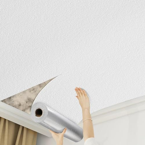 Camiraft White Self Adhesive Wallpaper for Bedroom Bathroom Textured Wallpaper Waterproof Lining Paper for Walls -4 Rolls=5.6m² Thermal Insulating Wall Paper for Bathroom,Kitchen,Living Room