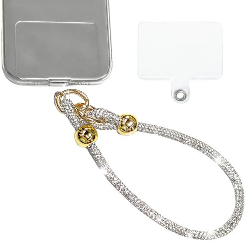Ysnzaq Laccio Telefono Universale con Strass, Cinturino Polso Staccabile Scintillio e Patch Telefono, Catena per Cellulare, Ciondolo Corto Portachiavi per iPhone, Samsung e Smartphone-SZSL Silver