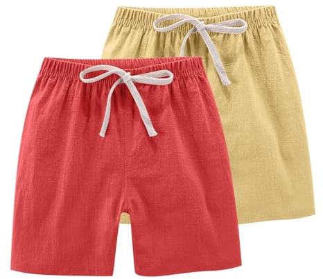 Mis Pedidos Niña Niño Pantalones Cortos 2 Piezas Algodón y Lino Pantalon Corto Verano para Niños Niñas Pantalón Rectos de Cintura Elástica con Cordón Ligero y Transpirable Cómodo Linen Shorts