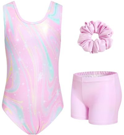 JiAmy Gymnastics Leotards for Girls, 3Pcs Sleeveless Athletic Outfit Sparkly Dance Unitards with Shorts Ballet Biketards 5-6 Years