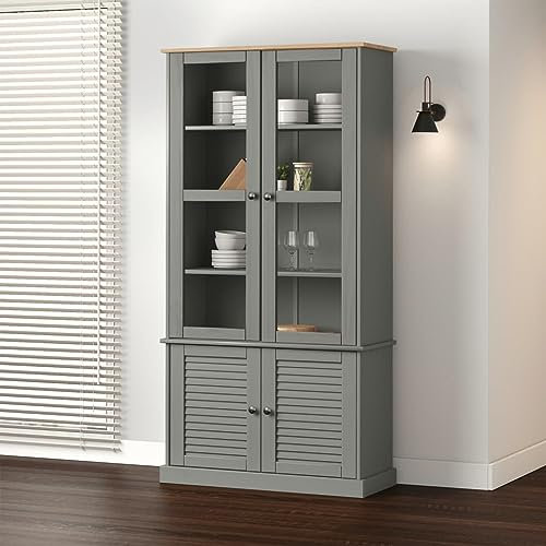 MOBCANT Vitrine Grau 85x35x170 cm Massivholz Kiefer, Vitrinenschrank Beistellschrank Barschrank Sideboards Geeignet für Wohnzimmer Wohnung Arbeitszimmer Büro