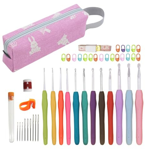 Criprix 46PCS Set de Crochet, Conjunto de Croché, Agujas de Ganchillo con mango ErgonóMico Suave Antideslizante (Conejito Rosa)