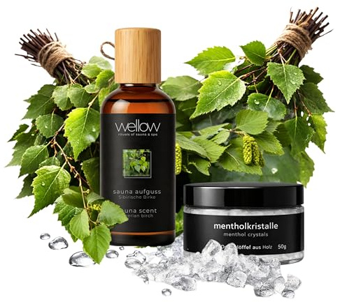 wellow® Banja-Set für die Sauna – 2x Birkenquasten + 100 ml Sauna-Aufguss Sibirische Birke + Mentholkristalle – komplettes Saunazubehör-Set für traditionelle Banja-Aufgüsse