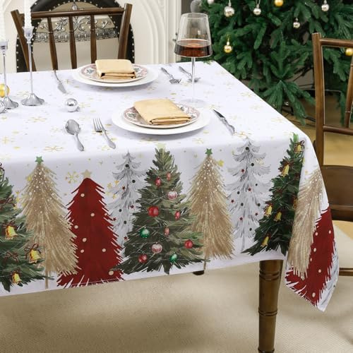 FIBORIA Tischdecke Weihnachten 140x240 cm Weiß Weihnachtstischdecke abwaschbare Weihnachts Tischtuch Silvester abwischbare Tischdecken mit Weihnachtsbaum Schneeflocke modern Deko für Garten Party