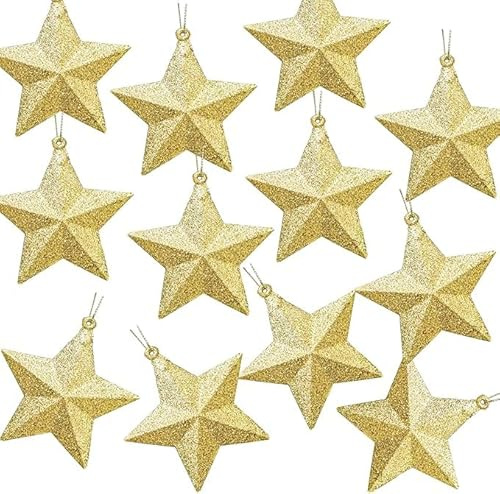 ATB-Foger 12 x Boules de Noël étoile dorée avec cordons - Décoration de sapin de Noël - Étoiles scintillantes à suspendre pour l'arbre, la cheminée, la fenêtre, l'avent, la table - 7,5 cm