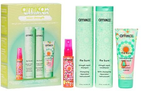 amika inner strength repair routine set | gift set for dry, damaged hair from bleach, color, chemical, or heat use