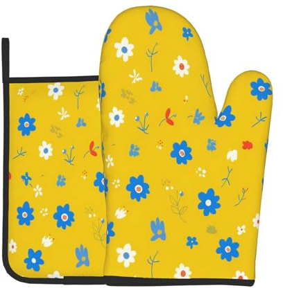 Ensemble de cuisine beige et chrysanthème, gants de cuisine et maniques résistants à la chaleur jusqu'à 180 °C, antidérapants, imperméables, parfaits pour la cuisine, la pâtisserie, les grillades, les