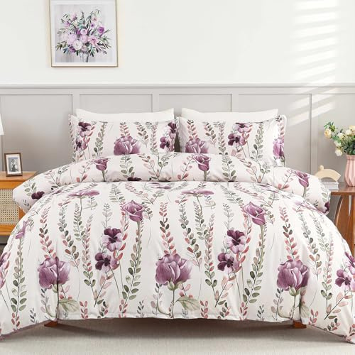Fondream Purple Floral Duvet Cover Set Double Size Bedding Quilt Cover White and Purple Reversible 3Pcs Soft Microfiber Bedding Set with 2 Pillowcases (Double, 200x200cm)