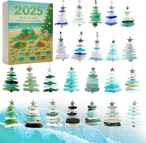 Sea Glass Weihnachtsbaum Adventskalender 2025,Christmas Glasses,Handgemachter Mini-Baum mit 24 Ozean-Themen-Acrylornamenten, Urlaub Countdown Dekoration für Weihnachtsbaum Dekor (1PC)