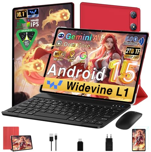 Android 15 Tablet 10 Pulgadas 30GB RAM+64GB ROM (2TB/TF), Gemini AI, Octa-Core 2.0Ghz, 1080*800 FHD IPS, Standby Extra Largo, 5G WiFi, Widevine L1, Face ID, 5MP + 13MP, GMS, Tablet con teclado - Rojo