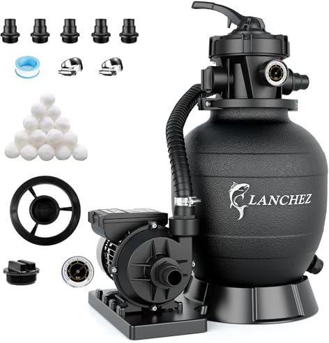 LANCHEZ Sandfilteranlage 11.500 L/h, 7-Wege-Ventil, 24h Zeitschaltuhr, 200g Filterbälle, Sandfilterkessel für Pool, Tankvolumen Maximal 10 kg Sand, 2in1 Adapter Ø32mm-38mm