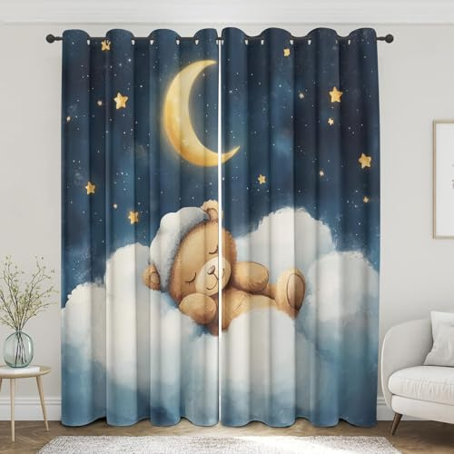DSRDRFG Niedliche Teddybär-Vorhänge für Kinderzimmer, 120 x 234 cm (B x H), Sternennacht-Mond-Wolken-Motiv, Verdunkelungsvorhänge, Thermovorhang Gardinen mit Ösen für Jungen Mädchenzimmer, 2er Set