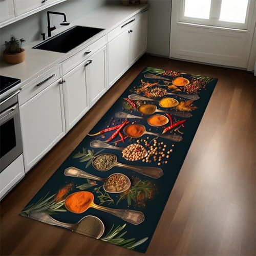 Schwarz Küche Bodenmatte Bunte Gewürze rutschfest Waschbar Fußmatte Läufer Flurteppich Teppich Küchenläufer Küchenteppich 60x120 cm