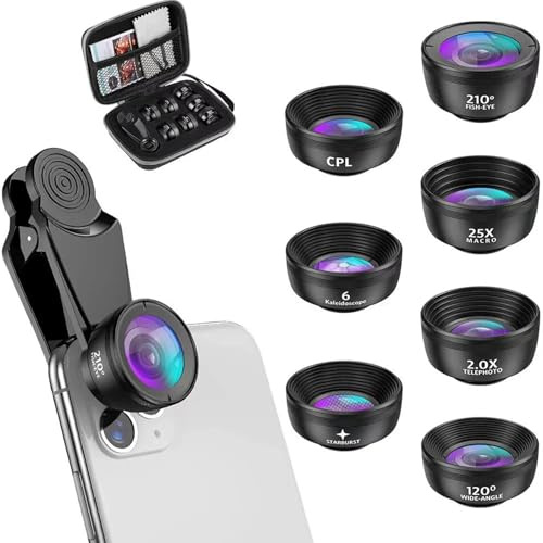 Textiluxe 7 in 1 Lenti Cellulare Fotocamera, macro lens, Fisheye 210°+Grandangolo 120°+obiettivo Macro (25x)+telephoto, Filtro ND32/Star per iPhone e la maggior parte degli smartphone (black)