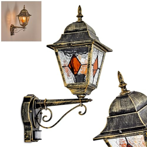 HOFSTEIN Außenwandleuchte Chatelain, Außenwandlampe m. Bewegungsmelder aus Metall/Glas in Gold/Schwarz/Klar/Bernstein, Wandleuchte außen aufwärts, Vintage/Antik/Landhaus für Garten, Haustür, E27, IP44
