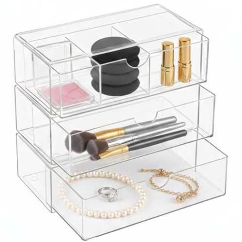 3 Stück Acryl Schmink Organizer Schminktisch Make up Organizer Kosmetik Makeup Organizers Schubladen Stapelbarer Kosmetikaufbewahrung Kosmetik Aufbewahrung Badorganizer für Kommode bad