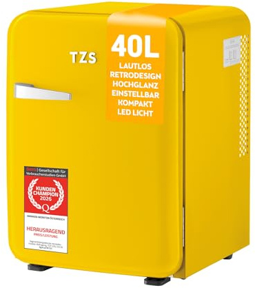 TZS First Austria - Retro Mini Kühlschrank 40L - Lautlos - Vintage Minibar für Schlafzimmer & Büro - gelb