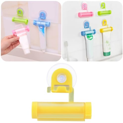 Luxshiny Presse-tube Jaune en Plastique à Roulettes de Dentifrice Support Ventouse Ergonomique Accessoire Pratique pour Salle de Bain et Hôtel pour Tubes de Pommade et Peinture