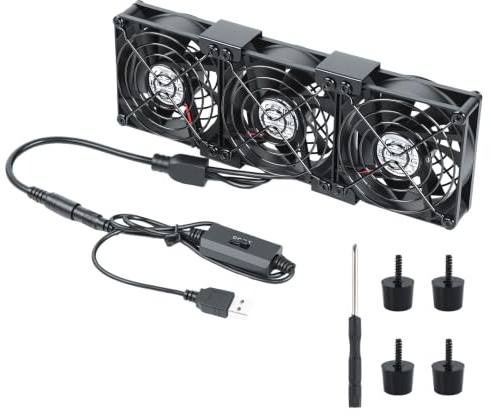 ELUTENG Triple 80mm Computer Rack Fan, DC 12V 3-Speed Adjustable PC Fan | Hydraulic Dual-Row Fan with Metal Grill, DC to USB Speed Controller und 4 Rubber Pads for Computer, Server, Cabinet Cooling